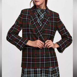 Zara double-breasted tartan glen plaid blazer Jacket Holiday Retro Women M